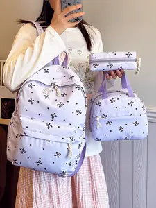 Sweet niche bow polka dot print three-piece set, casual printed backpack, handbag and pencil case cute campus three-piece combination set, fashionable backpack with large capacity and multiple colors, suitable for students to attend classes,  etc