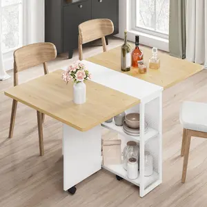 Folding Dining Table, Space Saving Farmhouse Dining Table for 4 Storage Shelf, 6 Wheels Multipose Expandable Kitchen Drop Leaf Table for Small Space (Pear Wood, 50.1"D x 31.4"W x 29.5"H)