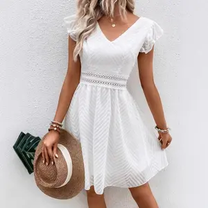 Trendy 2026 Spring Elegant Feminine Boho White Dress - V-Neck Ruffle Sleeve Lace Waist Back Bow Backless Adjustable Flowy Polyester Fabric Womenswear | Perfect with Cap for Resort Outfit