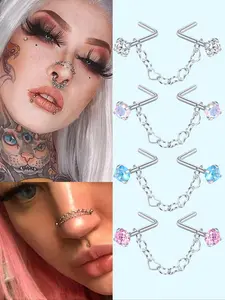 Trendy Stainless Steel Nose Ring with Chain, Inlaid Round Synthetic Zircon Stones in and Colorful Options, Unique Nose Piercing Jewelry, Punk Jewelry, Wearable Jewelry