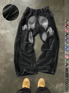 Men's Casual Loose Cotton Sports Pants, Graphic Print, Drawstring Waist, Street Style, All Seasons, Ideal for Outdoor and Holidays, Sweatpants
