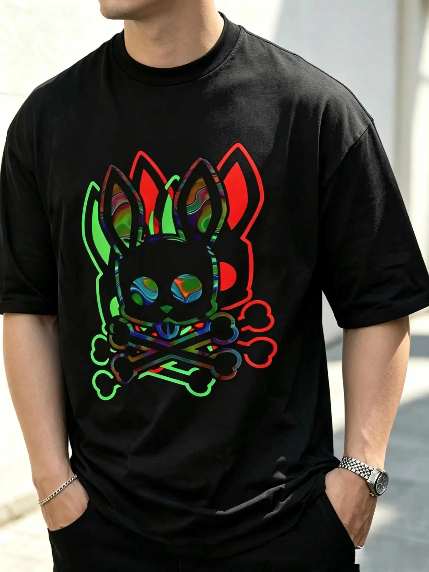 Comfortable Chic Men'S T-Shirt 'A Stylized Black Rabbit with Colorful Eye' Pattern, Crew Neck, Short Sleeve, Allseason, Regular Fit Menswear Tops