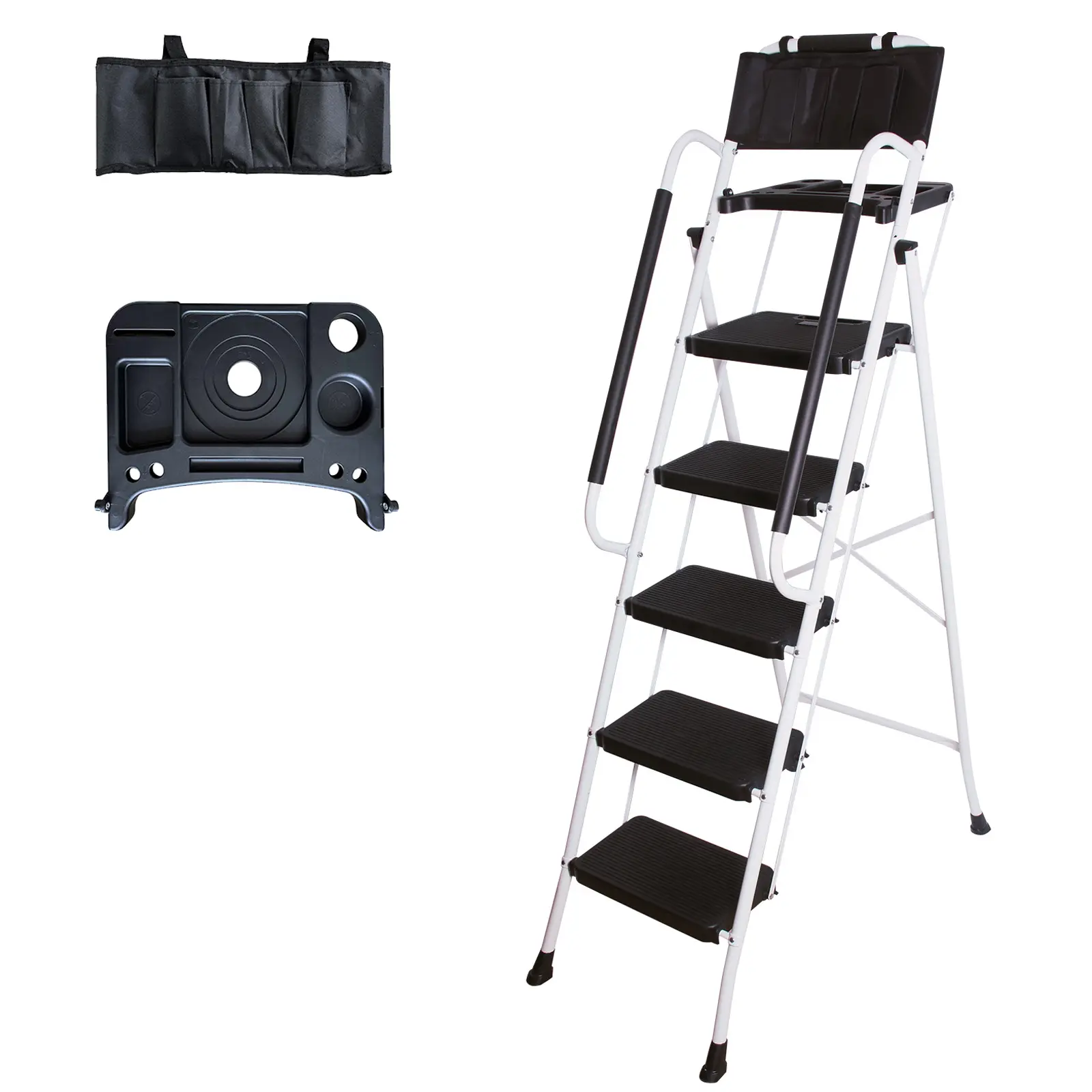 LEADALLWAY 5-Step Portable Folding Stepladder with Handrails, 330lbs Capacity, Lightweight Foldable Ladder, Tool Tray & Tool Bag for Home Improvement Aluminium Telescopic Ladder Portable Folding Ladder Aluminum Extension Ladder