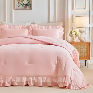Queen Size Comforter Set Pink, 3pcs Lace Ruffled Bedding Comforter Set, Microfiber Vintage Boho Chic Bedding Set for All Season- 88x88 inches