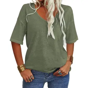 FMEYOA Women's 3/4 Sleeve Shirts V Neck Loose Fitting Tops Casual Solid Color Tshirts Trendy Basic Tunic Summer Ladies Tops