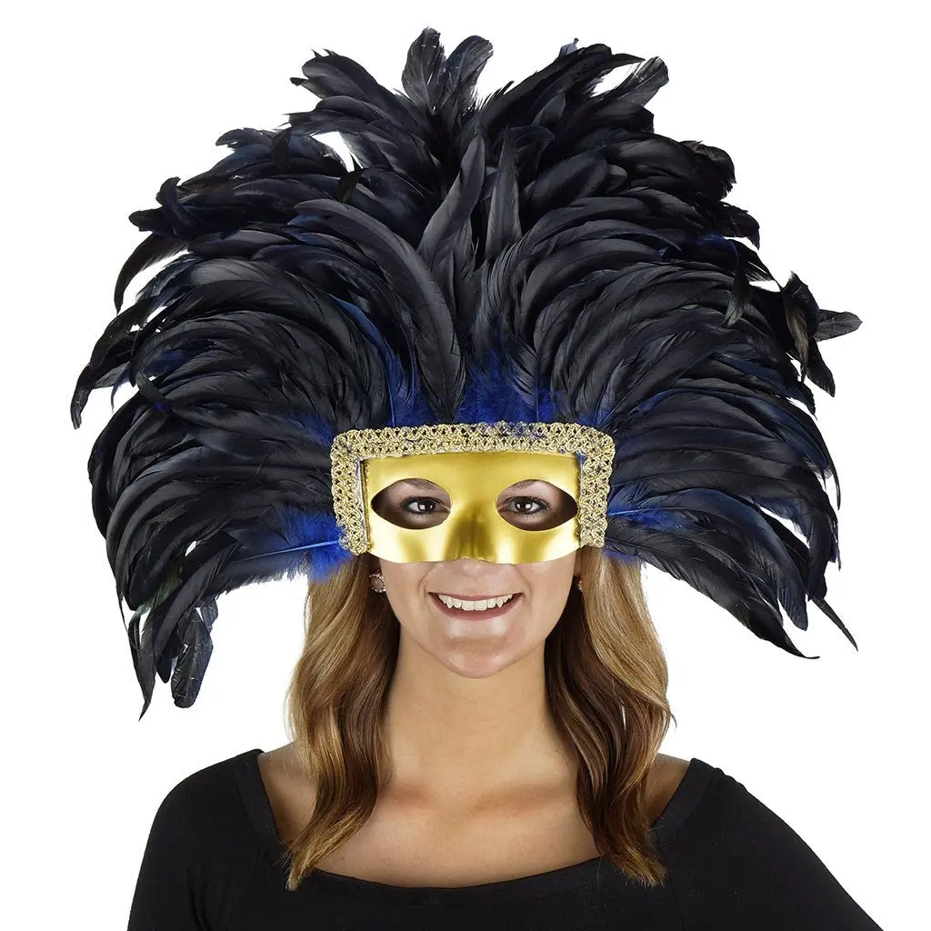 Feather Headdress Mask-Dyed - Royal