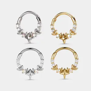 Celestial Star Moon Septum Daith Piercing Ring CZ Gold Silver Jewelry