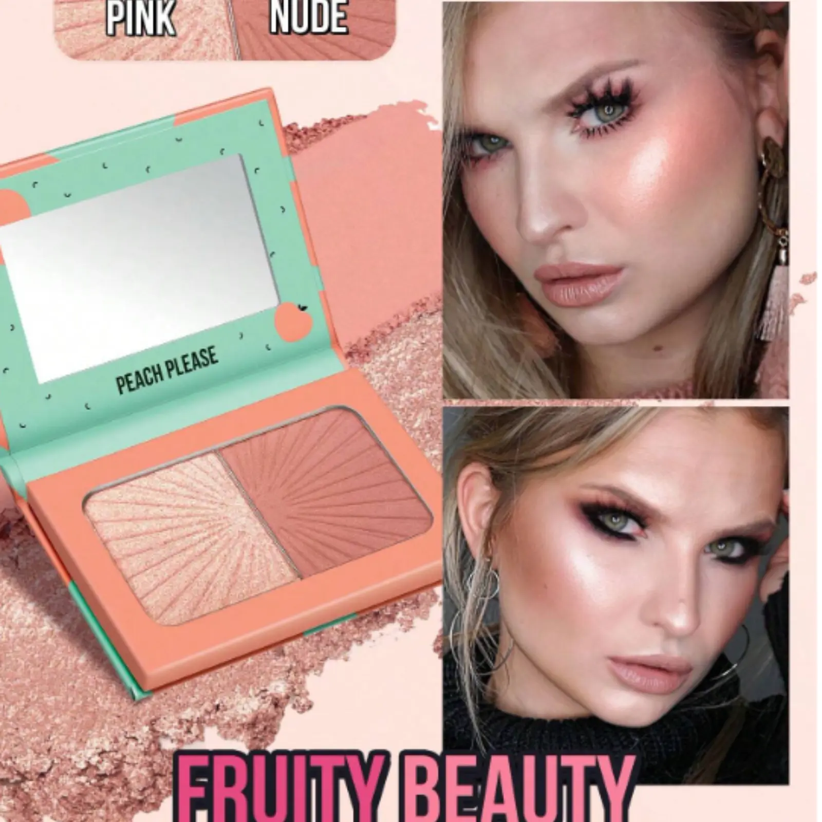 Misslyn Fruity Beauty Strobing Highlighter & Blush Duo Set, Powder Blush & Illuminator Highlighter, Shimmery Metallic Finish, Highlight Bling