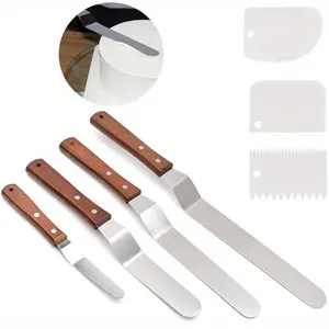 4 Pcs Offset Spatula, Stainless Steel Cake Icing Spatula Set 4” 6” 8” 10”with Wooden Handle and 3 Packs Cake Smoother Scraper Set for Cake Decorating, Baking