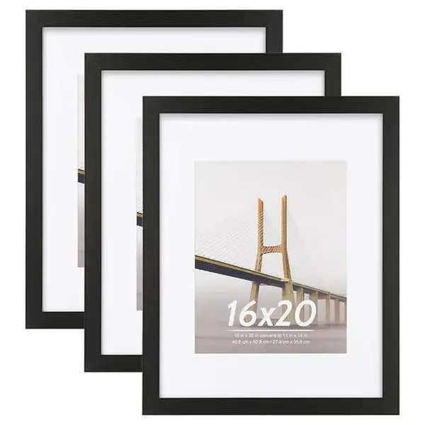 3 PACK 16x20 Wood Gallery Poster Frame, 16x20 Matted to 11x14 Wall Frames, Black