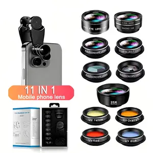 11-In-1 Phone Lens Kit, Wide Angle, Macro, Fish Eye, Kaleidoscope, Polarizer, Star Filter, Color Filters, Compatible with iPhone & Android