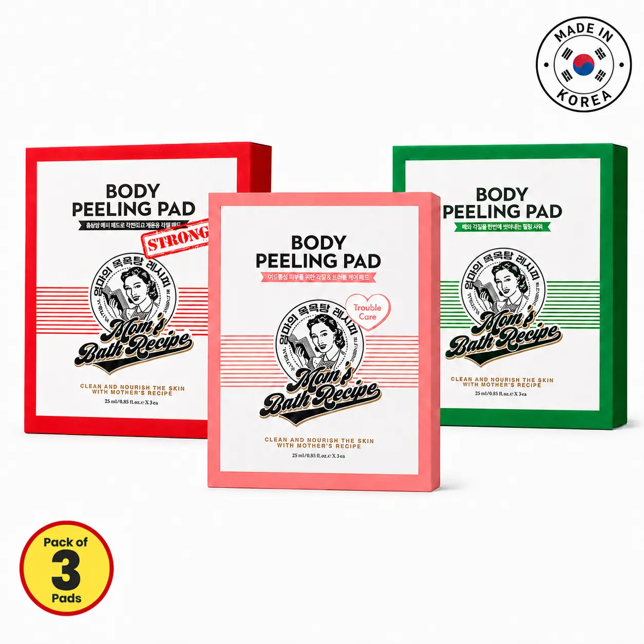 3 PCS Mom’s Bath Recipe Korean Body Peeling Pad Set – Original, Strong & Trouble Care All-in-One Bubble Wash Scrub Gloves with Honey & Yogurt, Kelp & Biotics, BHA & Cica, Exfoliating Bath Mitts for Smoother-Looking Skin