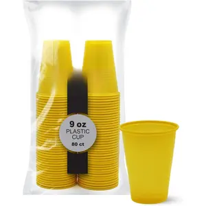 Colorful 9oz Plastic Party Cups [Pack of 80]- Disposable Drinking Glasses Bulk-  Colored Cups For Water, Iced , Jello, ,  & Cold Drinks- Throw- Plastic Cups, Yellow
