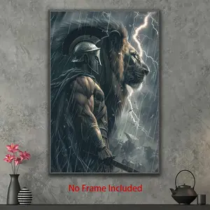 1pc Canvas Wall Art - Lion and Spartan Warrior Painting, Frameless, Home and Office Decor for Bedroom, Living Room, Kitchen, Cafe, Bar, Classroom, Hallway, Ideal Gift for Christmas, Valentine's Day