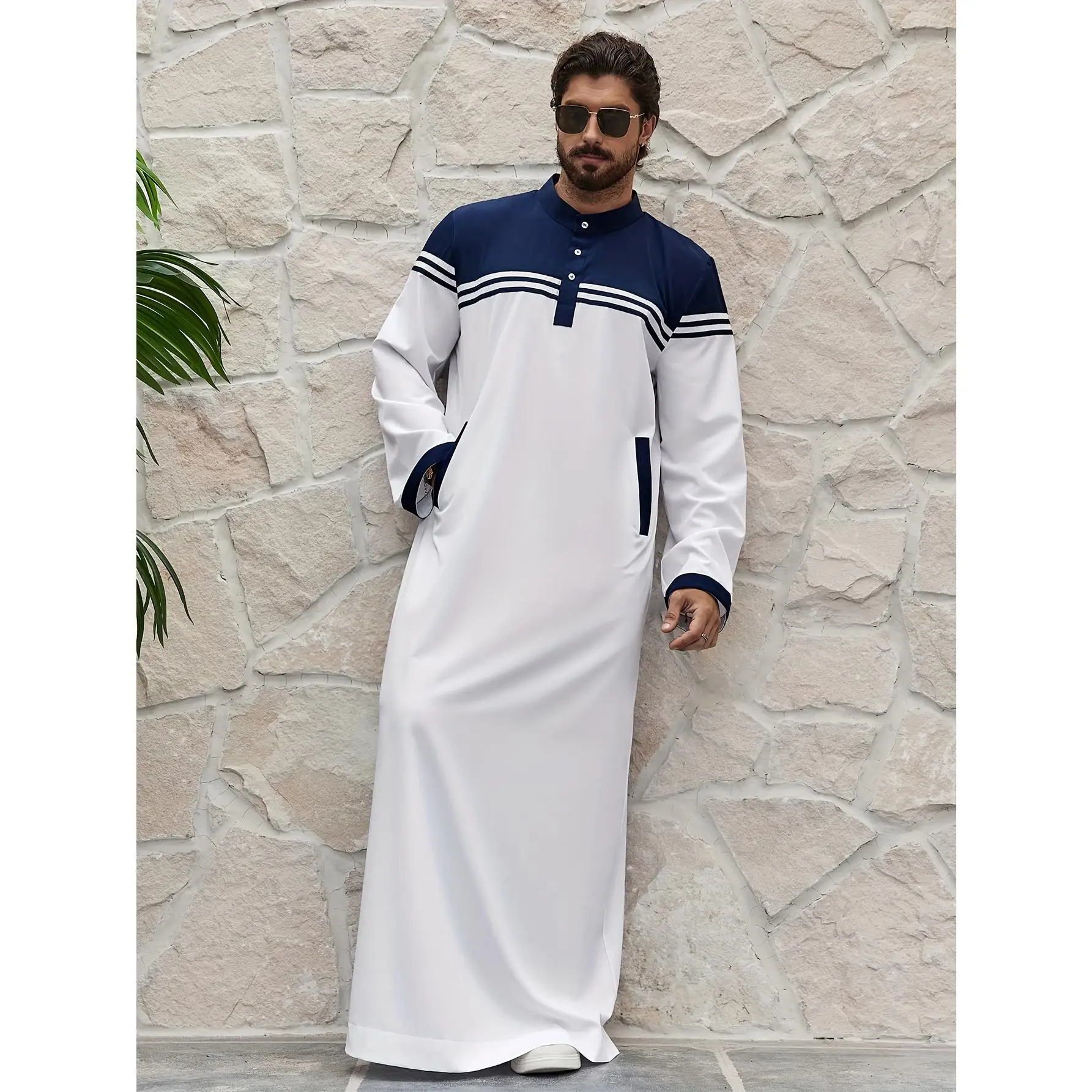 Men's Middle Eastern Modest Robe - Black & White Contrast Trim Stand Collar Button-Front Pocket Long Sleeve Thobe, 97% Polyester 3% Spandex Blend, Sli