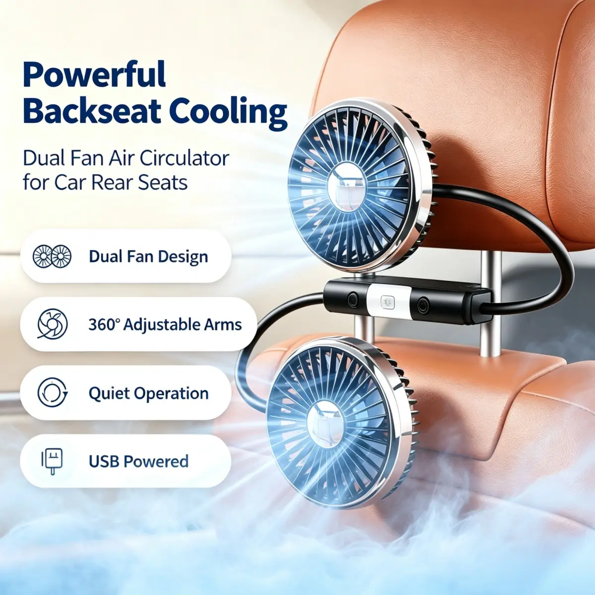 360° Rotatable Car Backseat Fan with LED Light, Car Seat Dual Head Fan Flexible for Baby Kids Child, Back Seat Cooling Fan Air Conditioner for Office Travel Sport Vehicle SUV RV Pickup Truck Headrest / Car Cup Holder Fan, 3 Adjustable Speeds USB Powered
