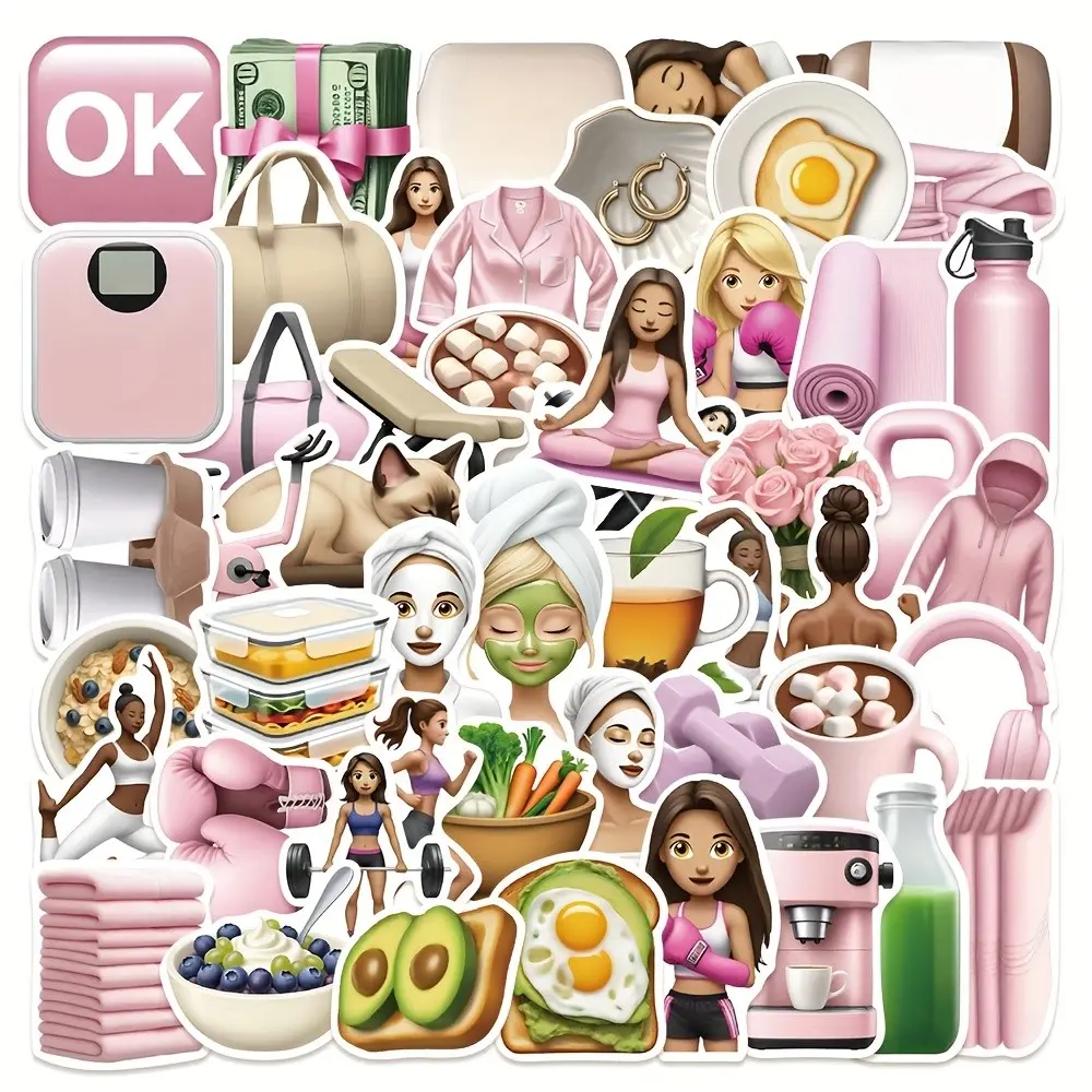 50 Unique Gym Girl Stickers, Diary Journal Phone Guitar Skateboard Cup Decorative Vinyl Self-Adhesive Aesthetic Stickers