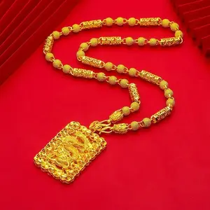 Golden Square Hollow Pendant 23.62Inch Necklace for Men's Luxurious Dragon Head Pendant Necklace Wedding Party Jewelry Gifts
