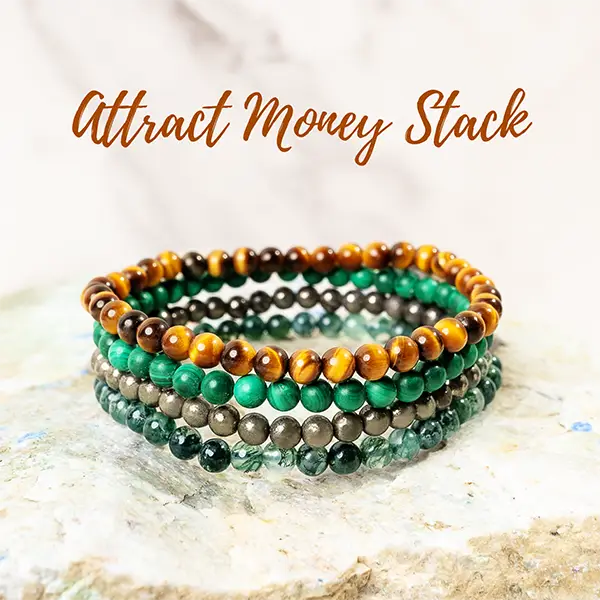 4mm Beads Delicate Attract Money Crystal Bracelet Stack | Pyrite, Tiger's Eye, Moss Agate, Malachite Dainty Beads | Jewelry for Healing