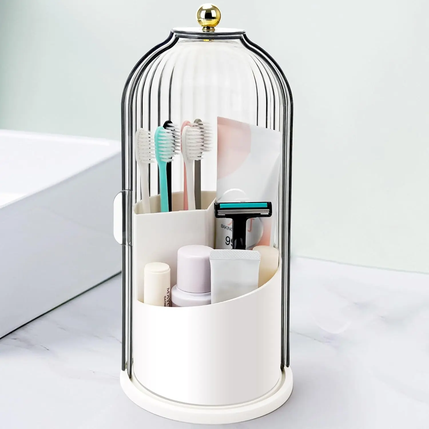 2026NewToothbrush Holders with Sliding Lid, Rotating 3 Slots Bathroom Organizer Countertop, Tooth Brush Toothpaste Holder Bathroom Counter Stand Sink Organizer Caddy for Vanity Makeup Brushes Holder