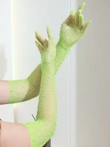 Rhinestone Fishnet Gloves, Long Mesh Fingerless Gloves for Party, Clubbing, Cosplay, Aesthetic, 1 Pair Fashion Accessory