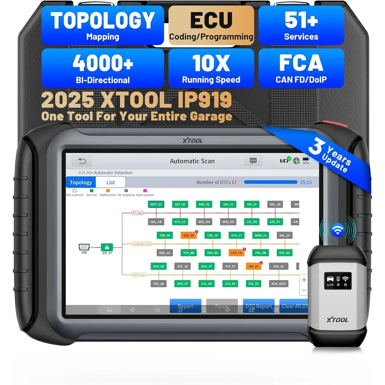 [Summervibes] XTOOL InPlus IP919 Automotive Scan Tool, Bidirectional Car Diagnostic Scanner with Topology Map, ECU Coding & Programming, 51+ Resets, All-System OBD2 Functions, 3-Year Free Updates | Father's Day Gift