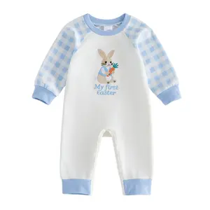 My First Easter Baby Boy Girl Romper Jumpsuit Cute Bunny Carrot Long Sleeve Gingham Onesie Bodysuit Newborn Coming Home Outfit