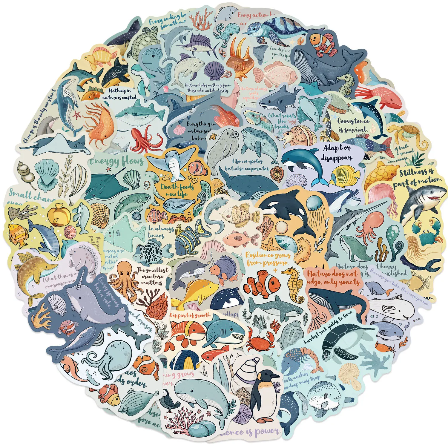 50pcs Cartoon-Style Ocean Animal Graffiti Stickers with Colorful Borders, Suitable for Scrapbooks, Diaries, Laptops, Water Bottles, Cars, Etc. A Gift with A Positive Message and Based on Beliefs, Coexist Sticker, Side Decals