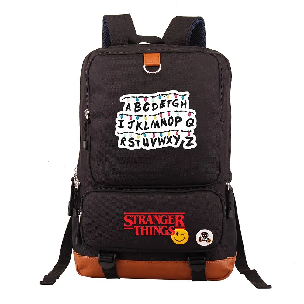 Stranger Things Alphabet Design Backpack with Smiley Face and Character Stickers for Fans