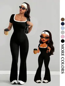 Women's High-Waisted Waist Trainer Jumpsuit, Square Neck Backless Contrast Binding, Slim Fit Short Sleeve, All Seasons Sportswear