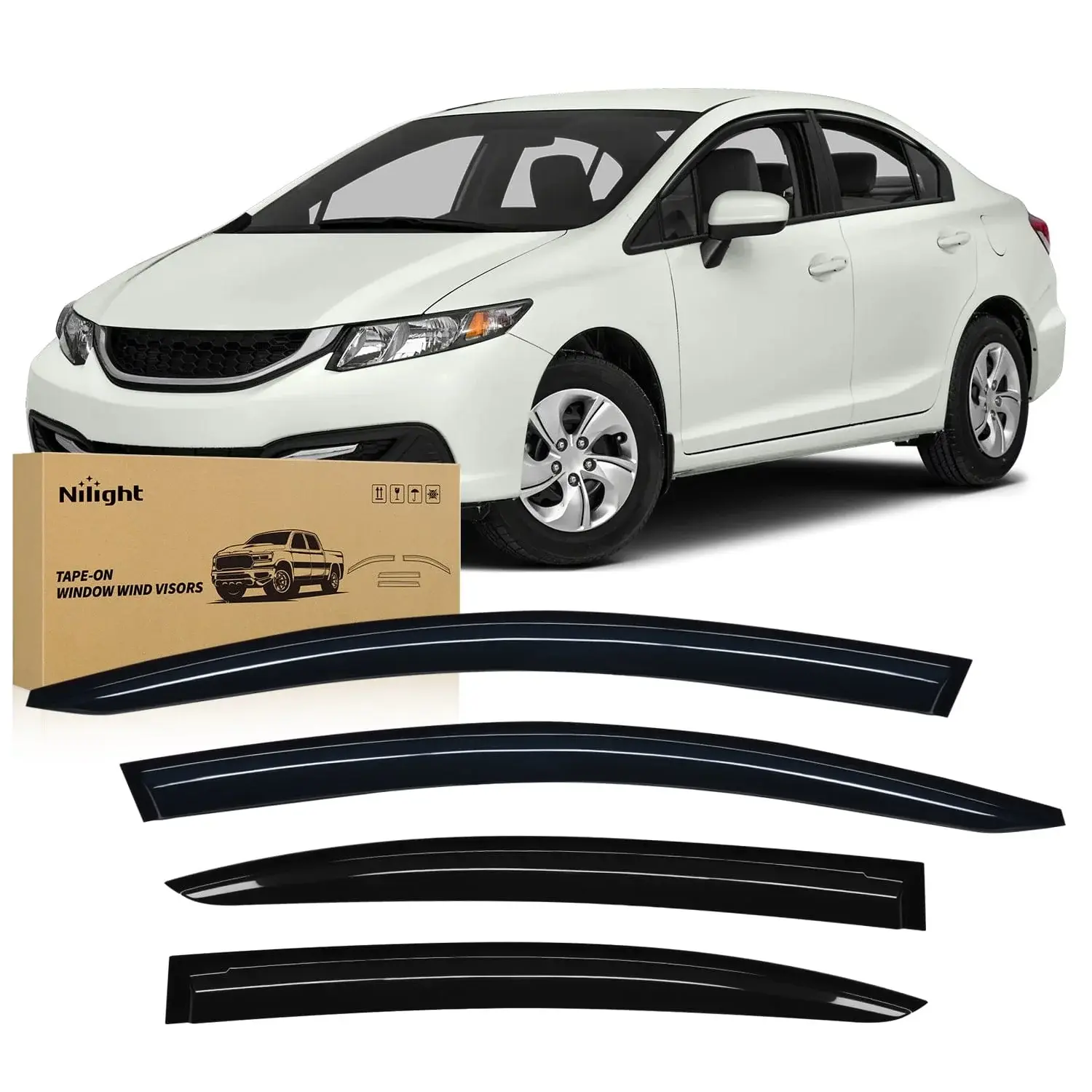 Nilight Acrylic Window Rain Guards Visor Accessory - Tape-On 4PCS Car Exterior Side Window Deflectors for Honda Civic 2012-2015, Heat Bonding Fog Prevention Auto Parts
