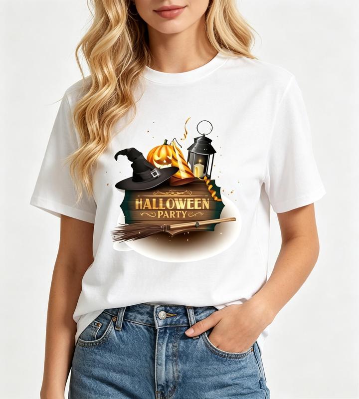 Women's Pure Cotton Well Fitted Short Sleeve Crew Neck Graphic Print T-Shirt - Spooky Theme, Boho Cute, Lightweight, Vintage Fall Casual, Ultra-Soft, Machine Washable, White Tops #sohochic