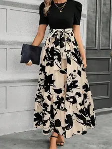 Apricot Floral Maxi Dress | Colorblock Print, Summer Outfit | Beach Vacation, Special Occasion