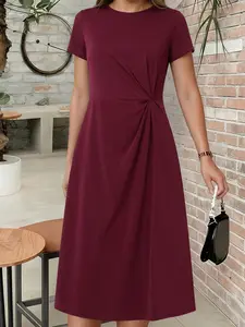 ZANZEA Women's Casual Fit Dress, Round Neck Short Sleeve Knit Ruched Waist Design, Medium Length, Perfect for Everyday