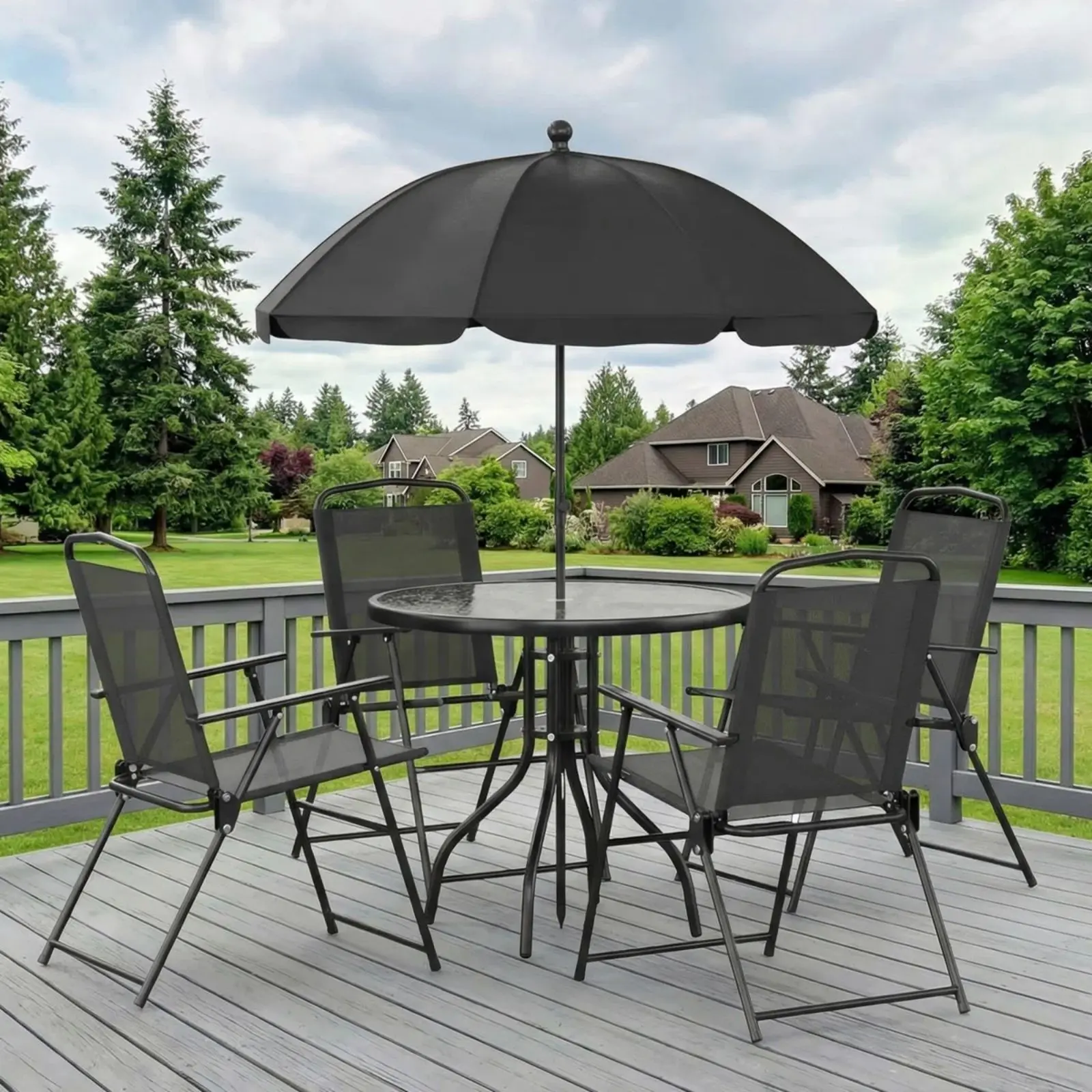 MAMIZO 6 Pieces Patio Dining Set With 65″ Umbrella,  Table And Chairs With 31.5″ Round Glass Table, 4 Folding Textilene Chairs, Patio Dining Set With Steel Frame, For Poolside, Backyard garden lawn soft cushion porch outdoor furniture
