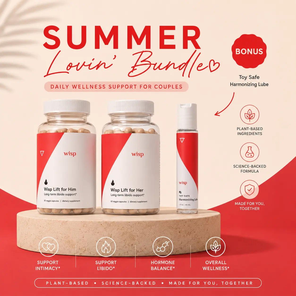 Summer Lovin' Bundle by Wisp | Couples Wellness Supplements for Him & Her + Intimate Comfort Gel | Wisp Lift For Her | Women's & Men's Libido & Hormonal Wellness | Maca Root, Tribulus, Fenugreek & Zinc | Desire, Arousal & Reproductive Health Support