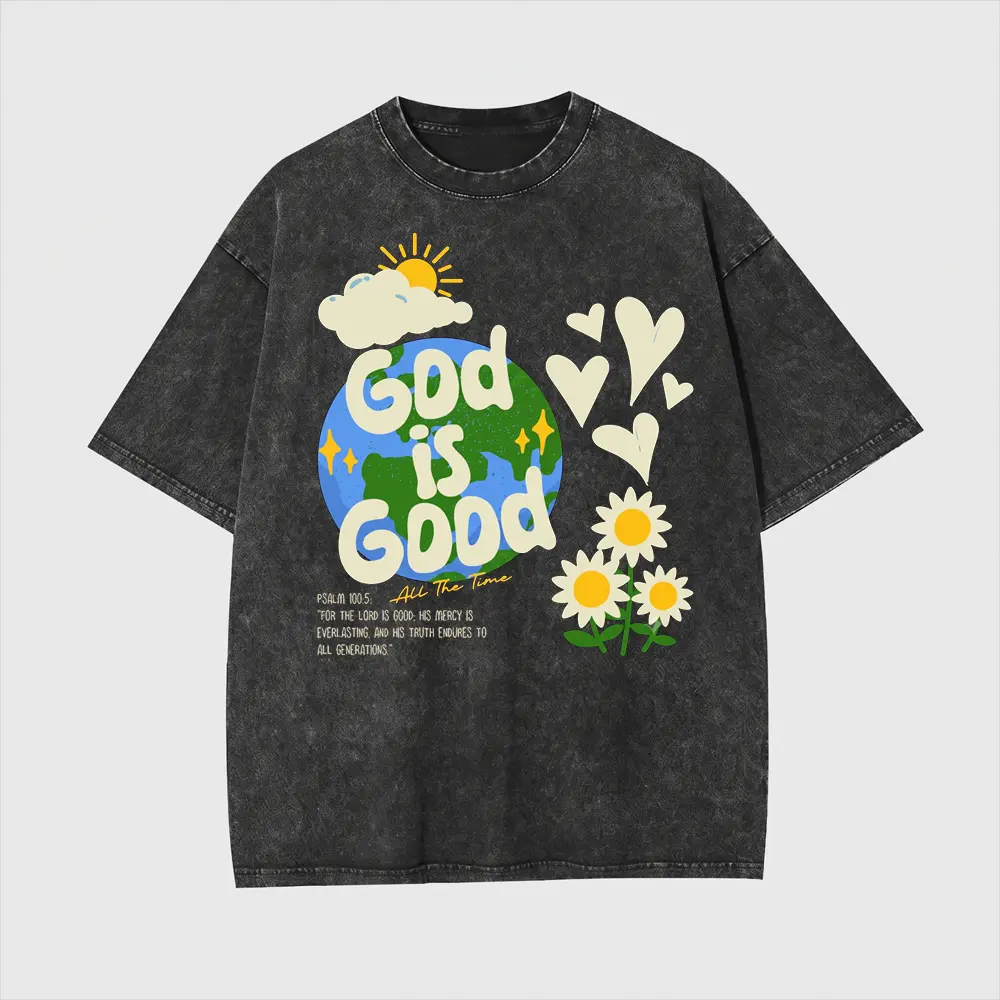 God Is Good Graphic Washed T-Shirt, Vintage Faith-Inspired Sunflower & Earth Print Tee, Oversized Distressed Streetwear, 100% Cotton Short Sleeve Top for Men & Women, Church, Summer & Casual Wear,“God Is Good”