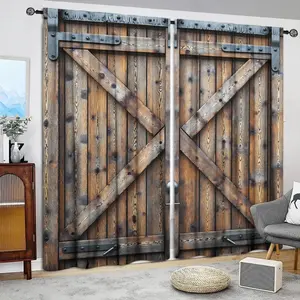 Vintage Wooden Door Pattern Door Curtain, 1 Set Retro Door Curtain, Home Decor for Living Room Bedroom, Room Divider Curtain