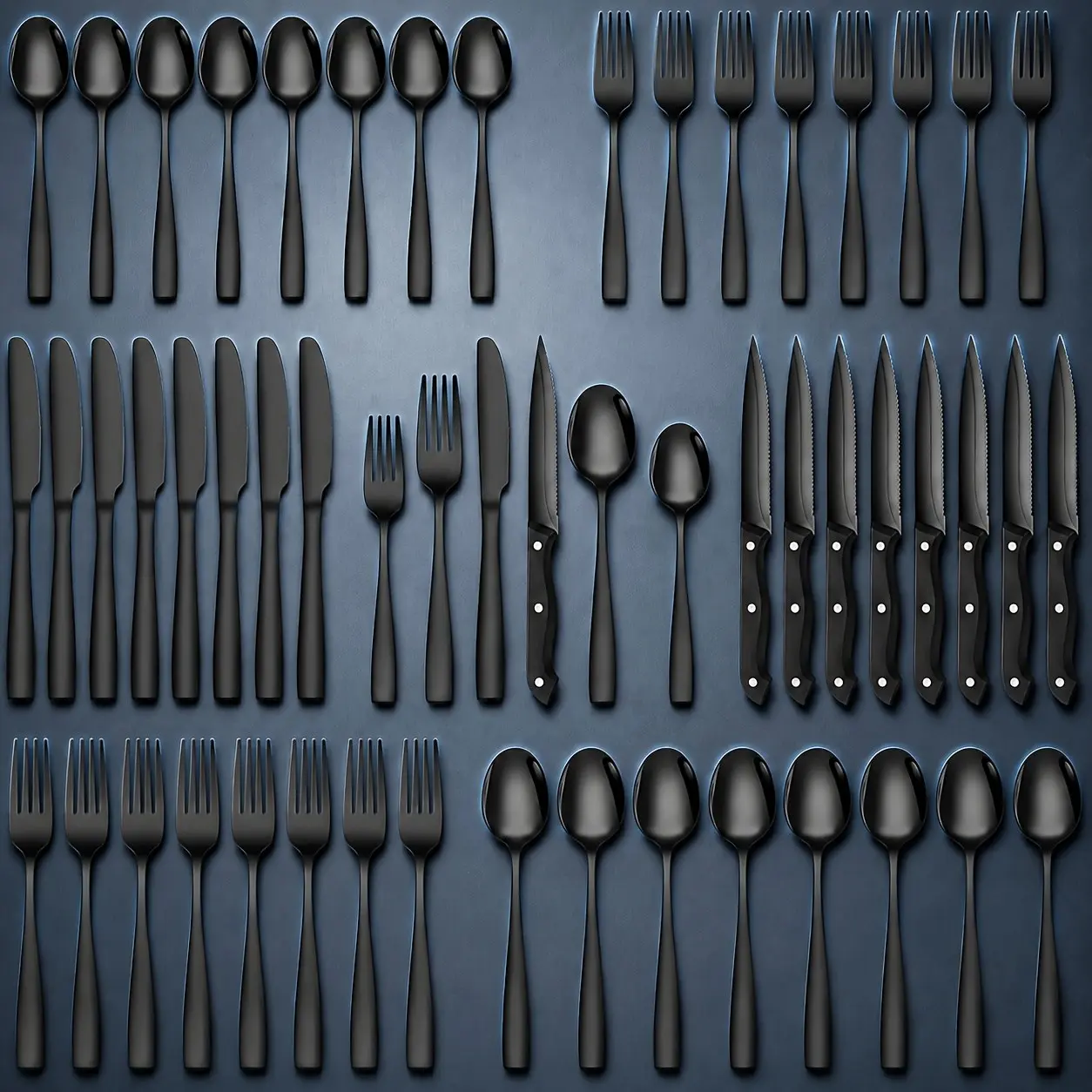 48pcs Black Silverware Set with Steak Knives Service for 8, Stainless Steel Flatware Set, Mirror Polished Kitchen Additions, Home Kitchen Party Eating Tableware Set, Includes Fork Knife Spoon Set, Dishwasher Safe