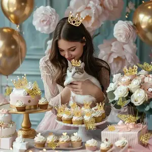 30pcs Mini Golden Crowns - Elegant Plastic Cake Toppers with Sparkling Gemstones, Perfect for Birthday Party Decorations And Celebratory Gifts, for Halloween, Christmas Event & Party Supplies