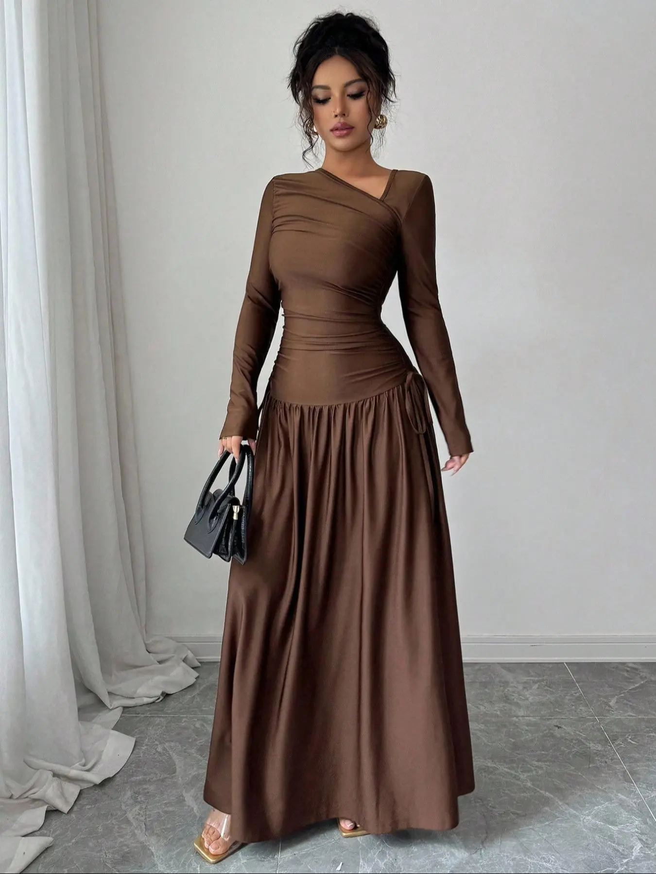 Women's Caramel Brown Asymmetrical Neckline Long-Sleeve Dress - Ruched  Waist with Drawstring Detail, Slim-Fitting to Accent Curves, Flowy Maxi  Skirt, Draped Fabric for Elegant Vibe, Perfect for Dates/Office/Light  Parties - TikTok Shop