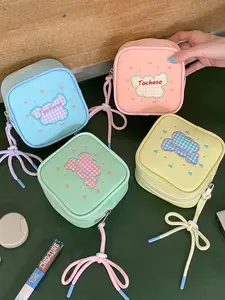 Adorable Bear Embroidered Makeup Bag, Plaid Cosmetic Organizer with Bow Strap, Mini Travel Pouch for Lipstick, Brushes, Earphones, Sanitary Pads