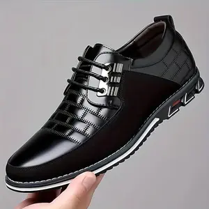 Men's Casual Synthetic Leather Shoes, Anti-skid Lace-up Shoes With Soft Sole For Business Office, Spring And Autumn Footwear Boy