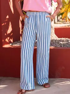 Women's Casual Palazzo Pants, Soft Comfortable Fabric with Striped Design, Loose-Fitting Drawstring Waist for All Seasons