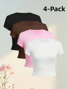 Plus Size Summer Basic Round Neck Solid Color Comfortable Fashion Fitted Slimming Daily Short Sleeve T-Shirt Set of Four for Women