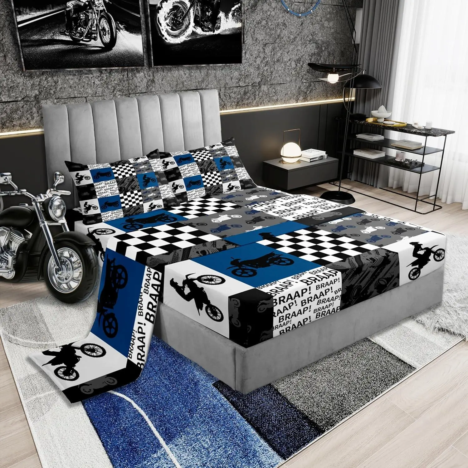 Dirt Bike Sheet Set,Black Grey Blue Motocross Rider Bedding Set,Kids Boys Teens Men Bedroom Racing Themed Patchwork Grid Packet Fitted Sheet Fashion Motorcycle Silhouette Top Flat Sheet