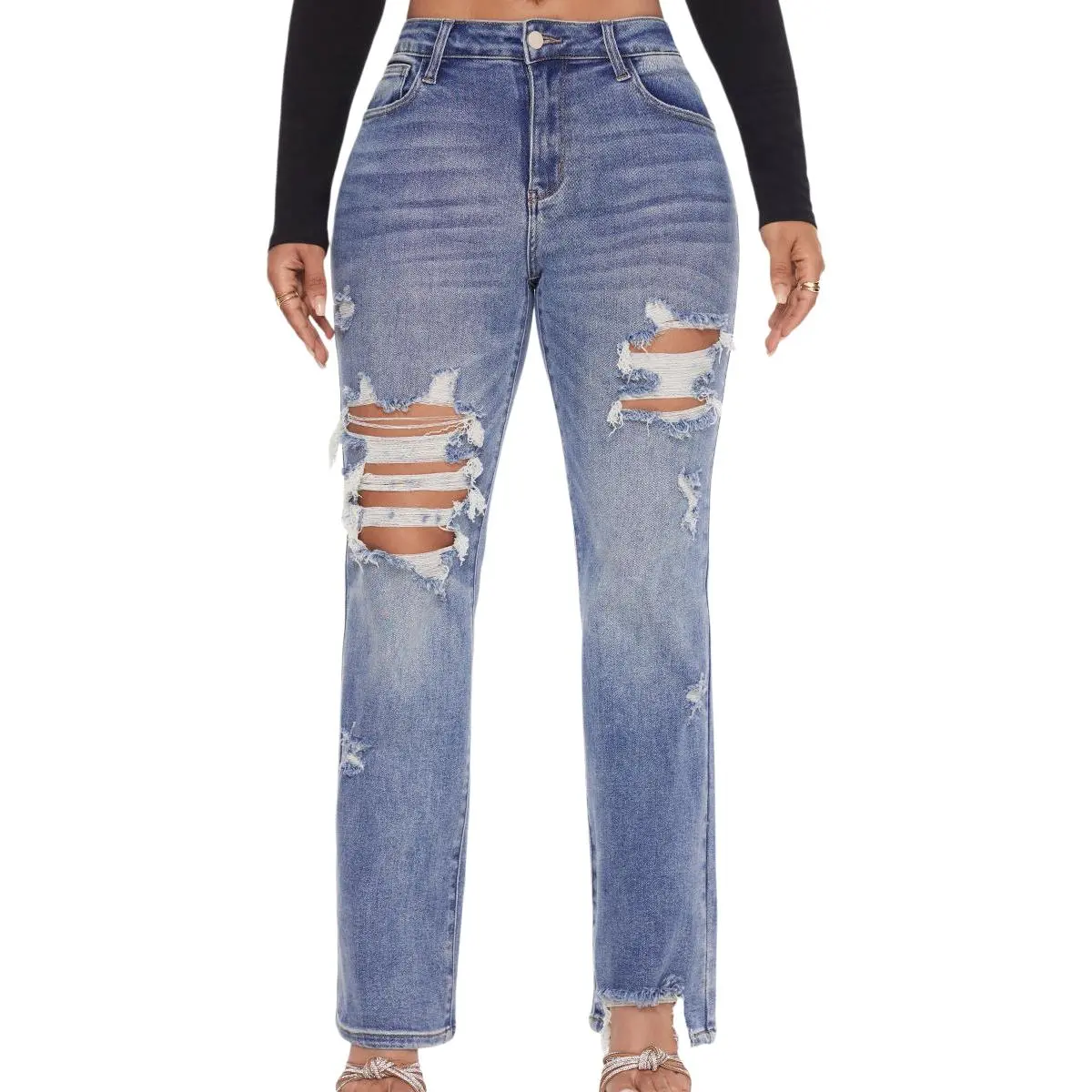 Comfort Stretch Mid Rise Distressed Straight Denim Jeans 32" Curvy Fit