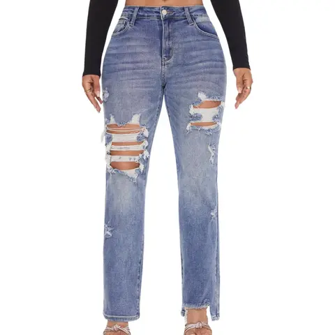 Women's Curvy Fit Stretch Jeans, Mid Rise Distressed Straight Leg Denim, Medium Blue, 32 in Inseam, Back to School