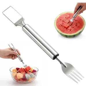 2-in-1 Stainless Steel Fruit Cutter, 2026 New Watermelon Slicer with Fork, Dual Head Fruit Fork Slicer Tool for Cubes, Round Handle Fruit Knife for Home Kitchen, Picnic & Party