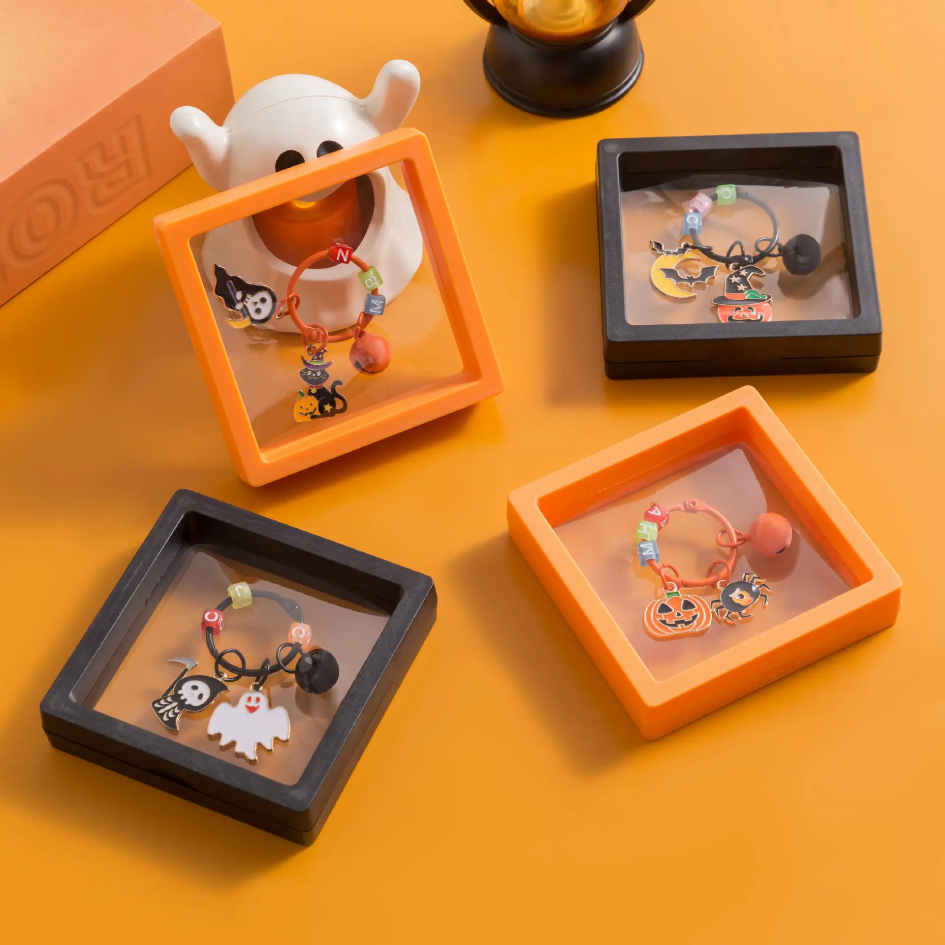 Halloween Themed Alloy Enamel Pendant Set with Display Frame Box, Ghost-Skeleton-Pumpkin-Witch Cat Charms, Festive Hanging Ornament for Holiday Gifting